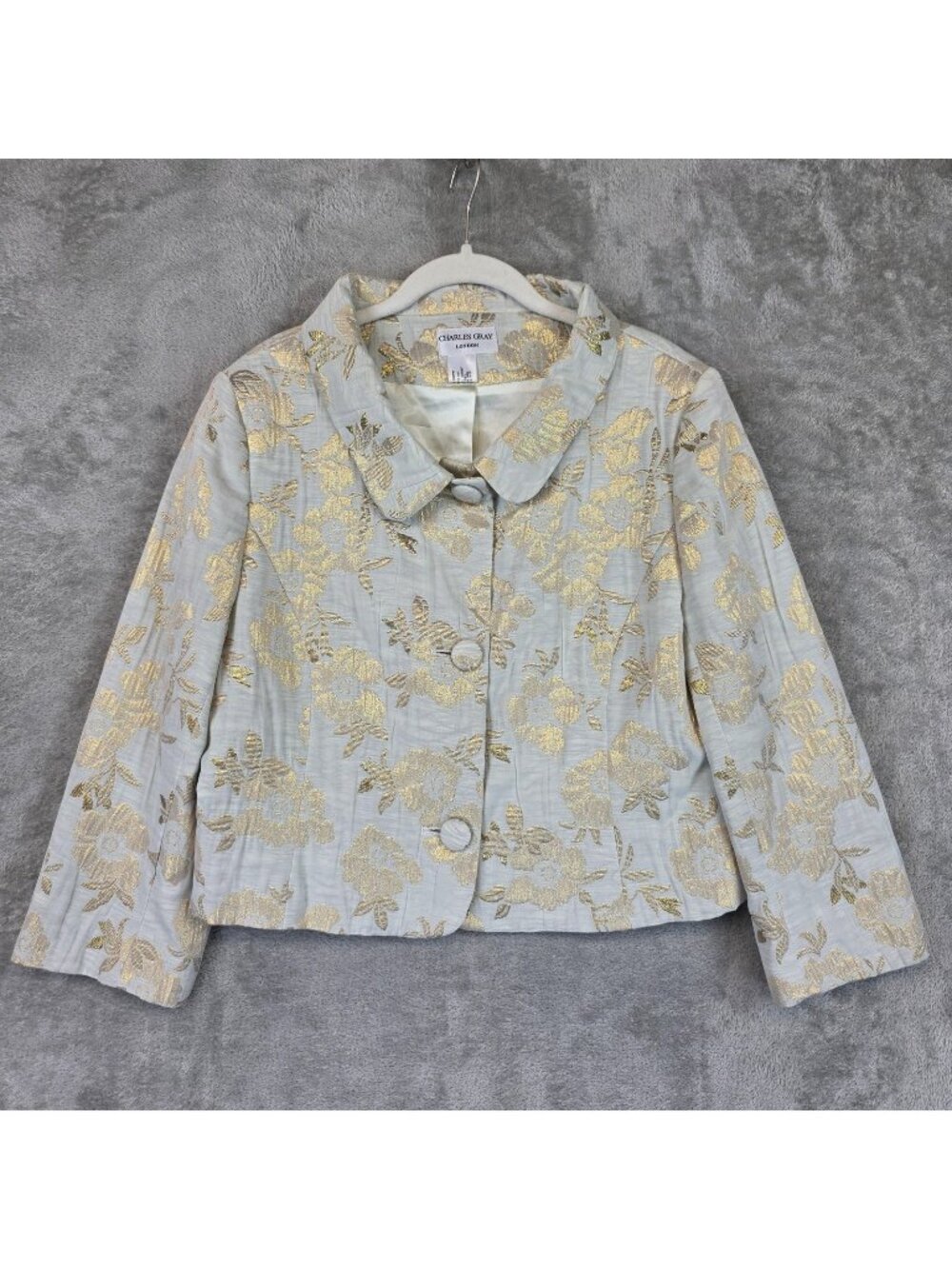 Charles Gray London Jacket Womens L Blue Floral Metallic Button Short Brocade